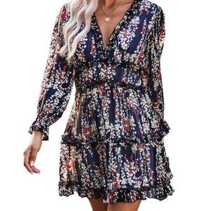 Blue Ruffle Detailing Open Back Floral Dress